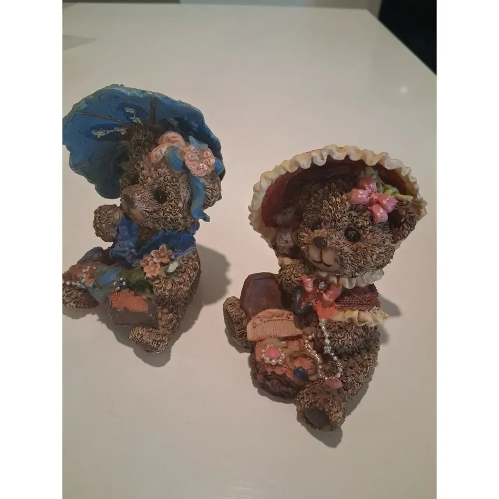 Vintage Resin Teddy Bear Figurines Lot Of 2 Dressed Girl Bears Hats Umbrella
